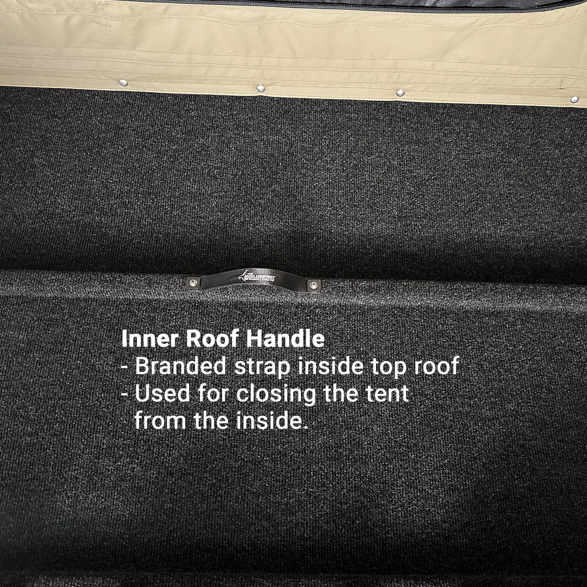 Strap handle inside the Bush Company TX27 roof, used to close the tent from inside