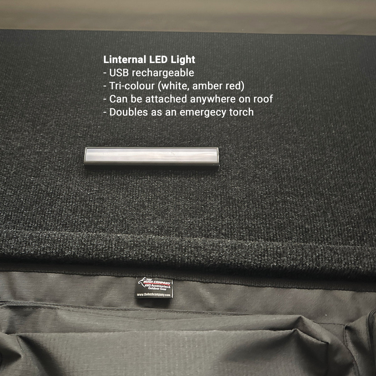 USB-rechargeable tri-colour LED light on the Bush Company TX27 roof lining