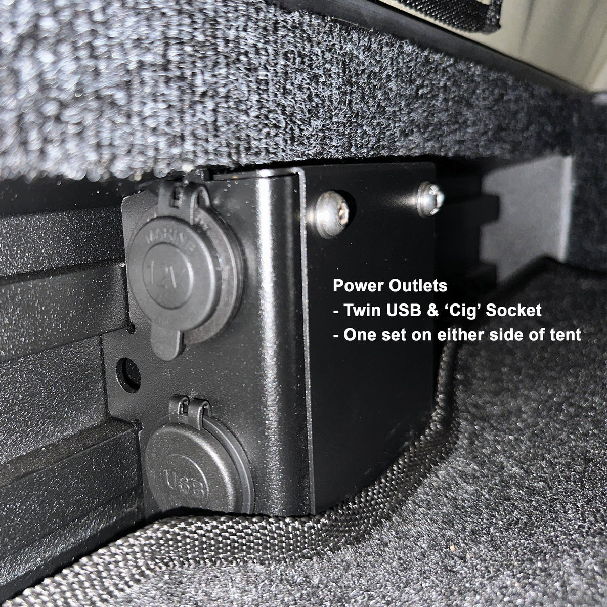 12V socket and twin USB ports beside the Bush Company TX27 mattress