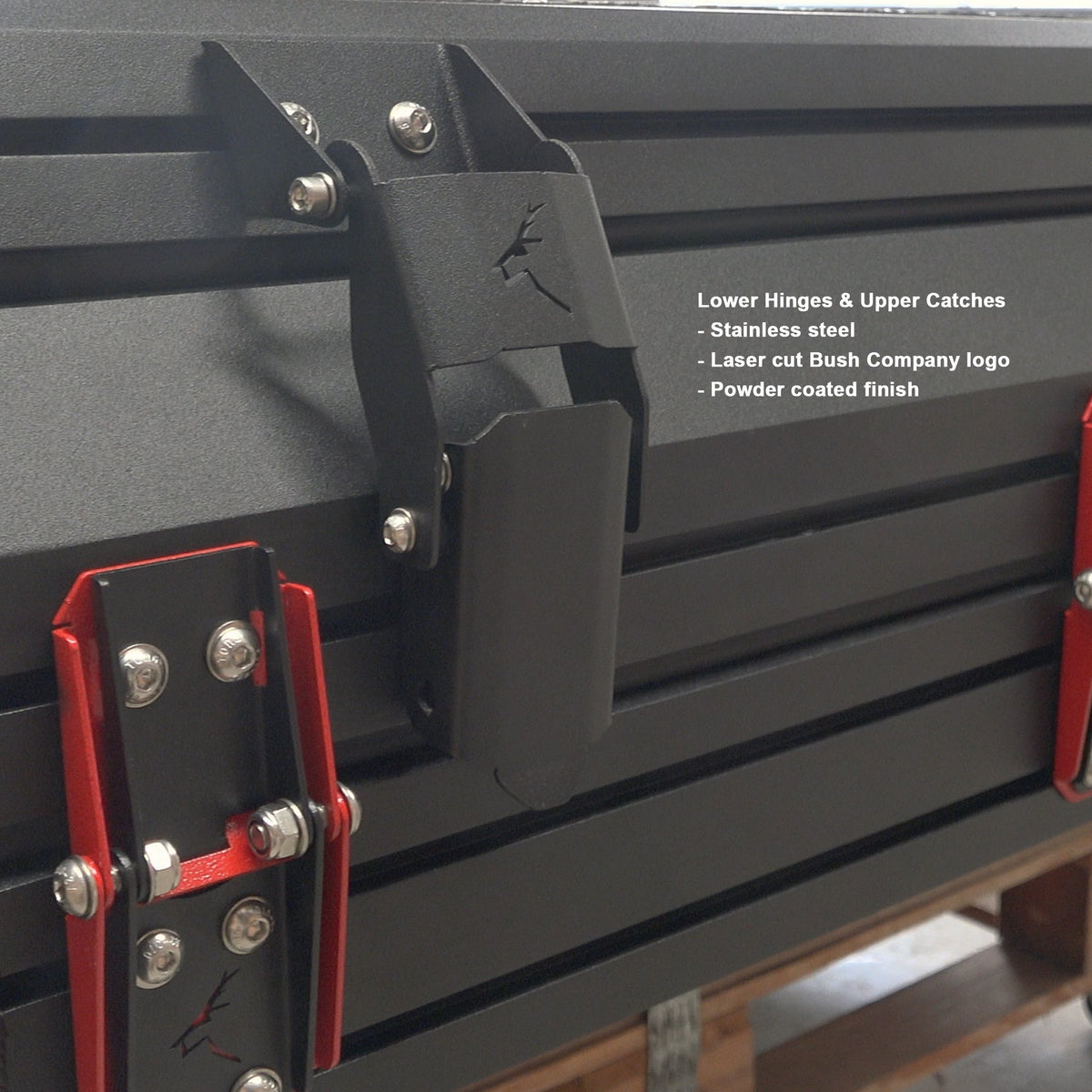 Powder-coated stainless hinges and latches at the rear of the Bush Company TX27
