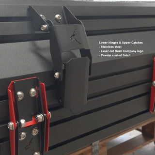 Powder-coated stainless hinges and latches at the rear of the Bush Company TX27