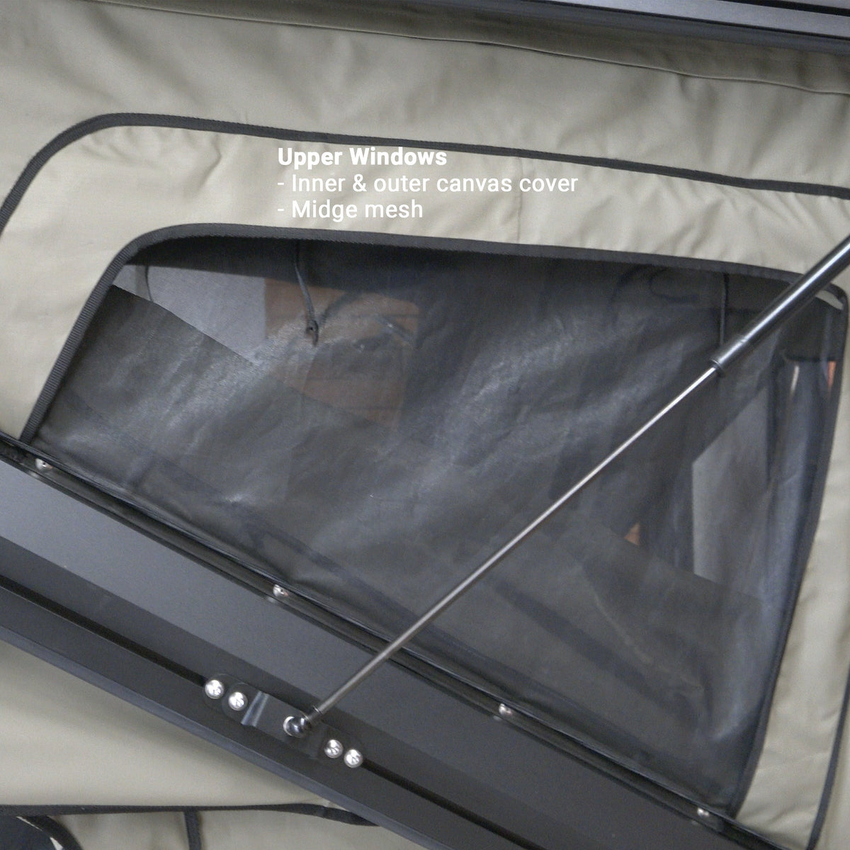 Bush Company TX27 upper side window from outside, with midge mesh and canvas covers