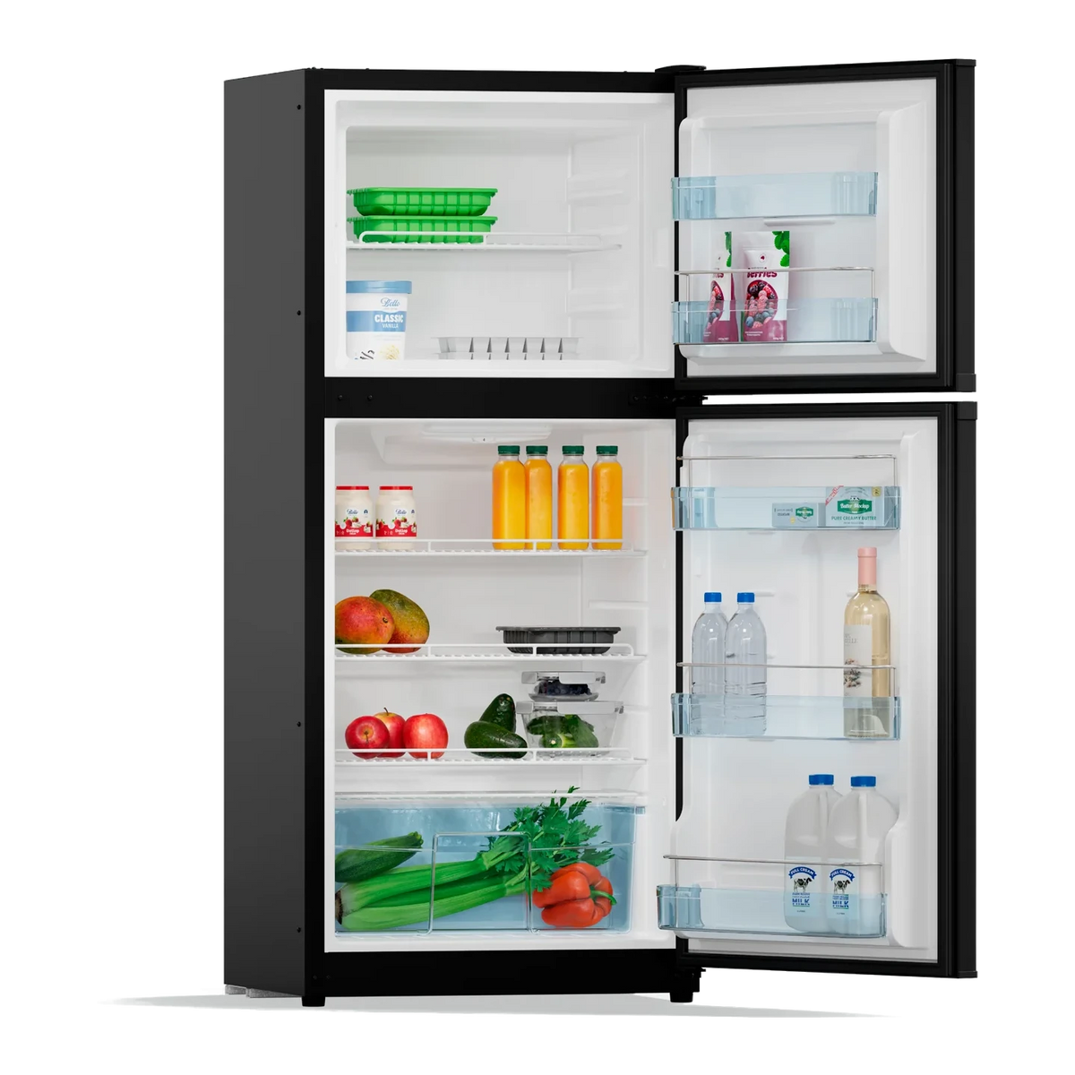 Bushman DC190L-X with both doors fully open, showing the separate freezer above and the stocked fridge shelves below