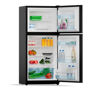 Bushman DC190L-X with both doors fully open, showing the separate freezer above and the stocked fridge shelves below