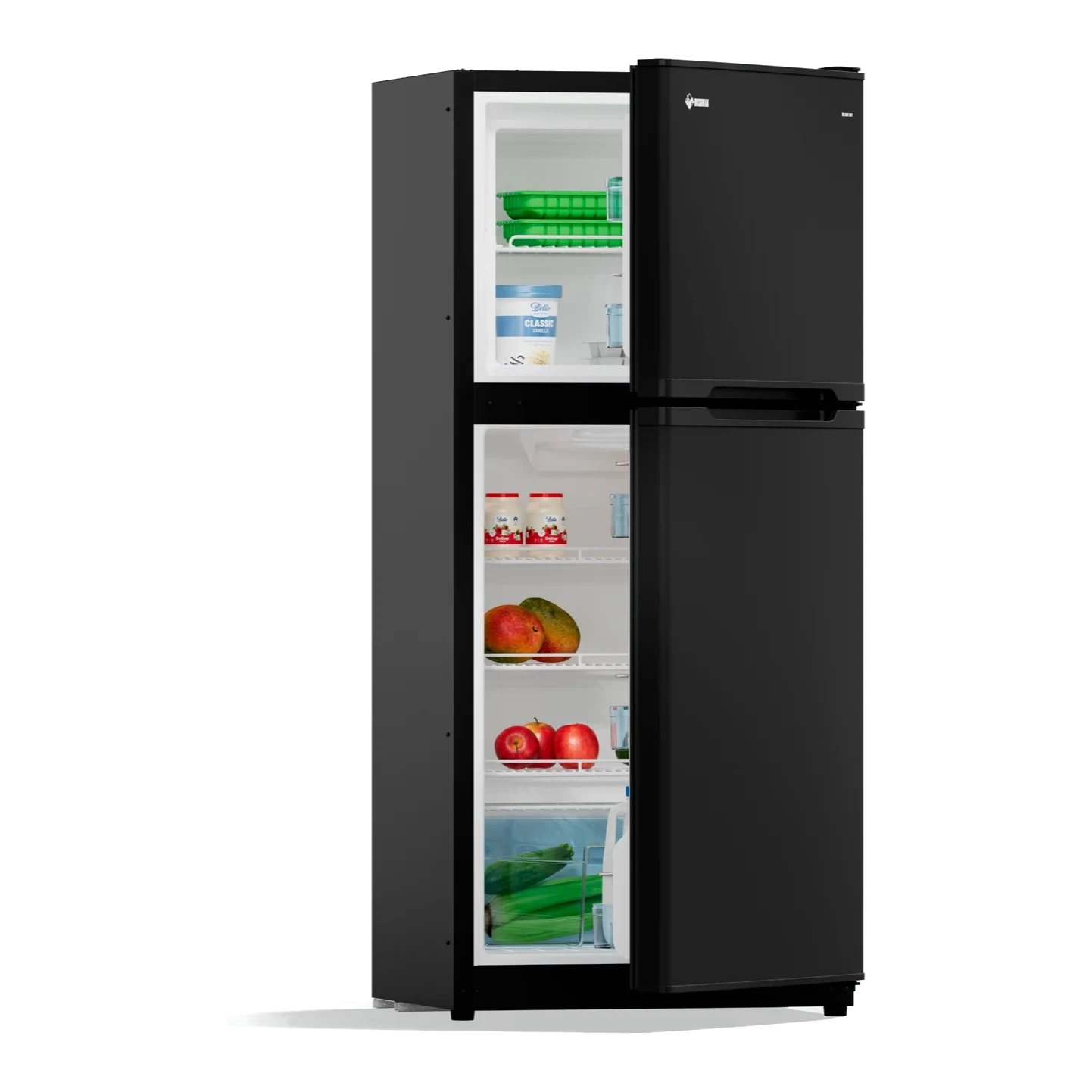 Bushman DC190L-X with the doors part open, showing the stocked freezer and fridge door shelves