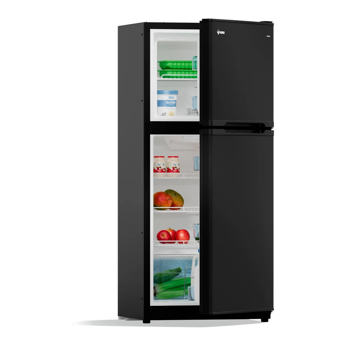 Bushman DC190L-X with the doors part open, showing the stocked freezer and fridge door shelves