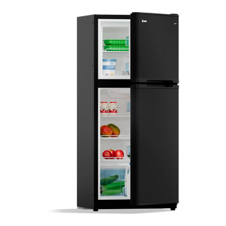 Bushman DC190L-X with the doors part open, showing the stocked freezer and fridge door shelves
