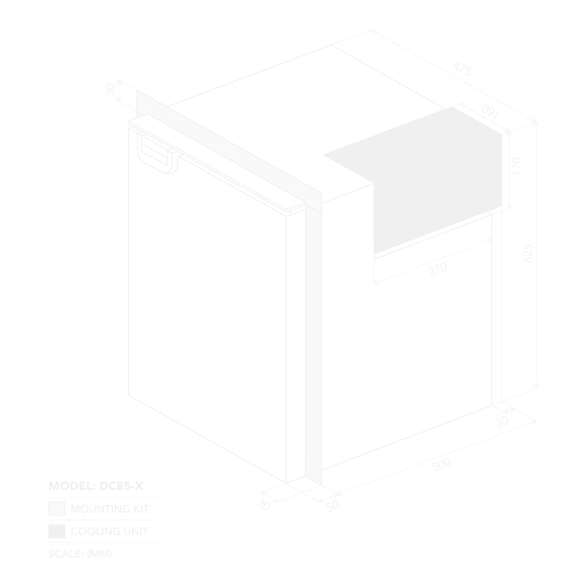 Bushman DC85-X dimensions drawing showing external height, width and depth alongside the minimum cabinet cut out sizes