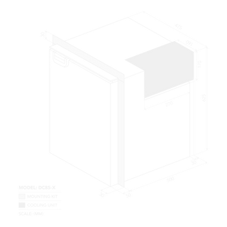 Bushman DC85-X dimensions drawing showing external height, width and depth alongside the minimum cabinet cut out sizes
