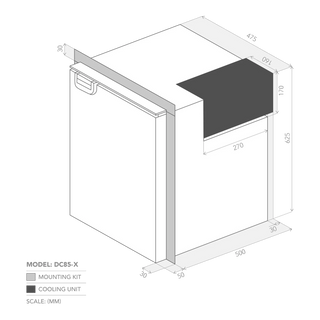 Bushman DC85-X dimensions drawing showing external height, width and depth alongside the minimum cabinet cut out sizes