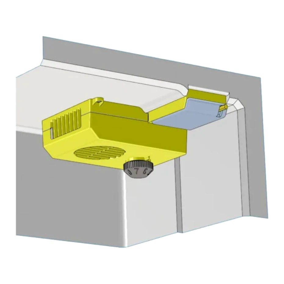 Bushman DC-X fan kit fitted inside the fridge cabinet