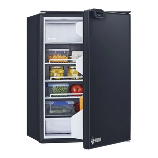 Bushman DC130-X at an angle with the door open and shelves stocked with food and drinks