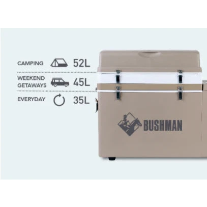 Bushman fridge with the lid closed, captioned with the capacity it can be set to: 52 litres for camping, 45 litres for weekend getaways and 35 litres for everyday use