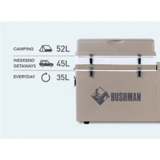 Bushman fridge with the lid closed, captioned with the capacity it can be set to: 52 litres for camping, 45 litres for weekend getaways and 35 litres for everyday use