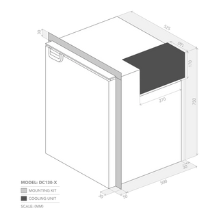 Bushman DC130-X dimensions drawing showing external height, width and depth alongside the minimum cabinet cut out sizes