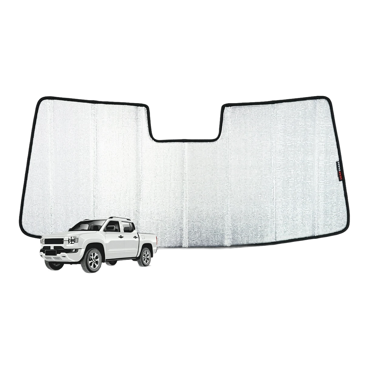 Reflective silver face of the SnapShades sun shade laid flat, cut to the BYD Shark windscreen shape with a rear-view mirror notch