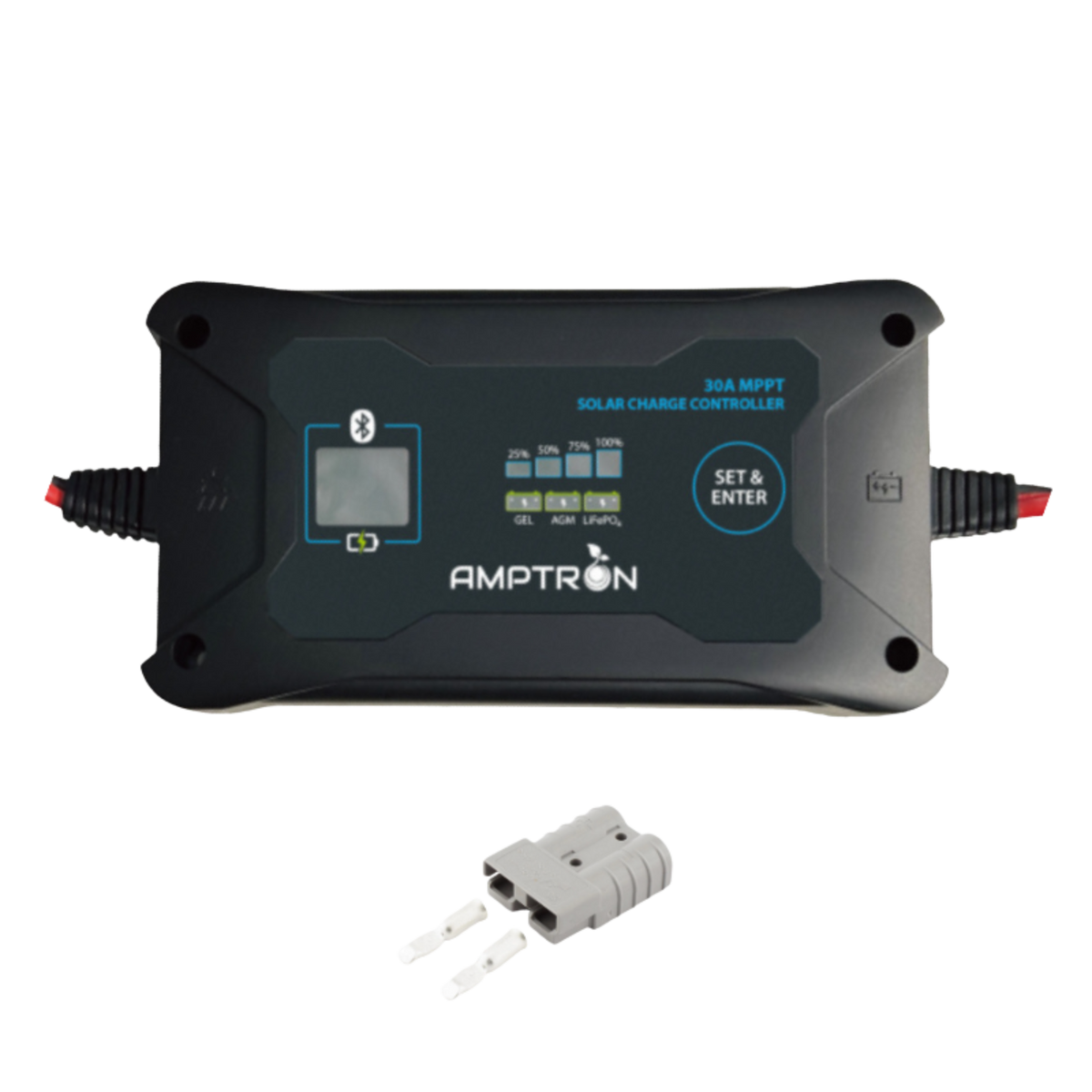 Amptron 30A MPPT solar charge controller, the black moulded case printed 30A MPPT Solar Charge Controller with a Bluetooth symbol beside the display window, battery-type buttons for gel, AGM and LiFePO4, charge indicators at 25, 50, 75 and 100 per cent, and a Set and Enter button, shown with the grey Anderson connector supplied with it