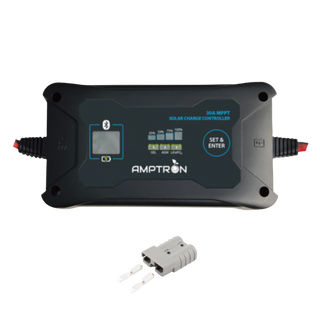 Amptron 30A MPPT solar charge controller, the black moulded case printed 30A MPPT Solar Charge Controller with a Bluetooth symbol beside the display window, battery-type buttons for gel, AGM and LiFePO4, charge indicators at 25, 50, 75 and 100 per cent, and a Set and Enter button, shown with the grey Anderson connector supplied with it