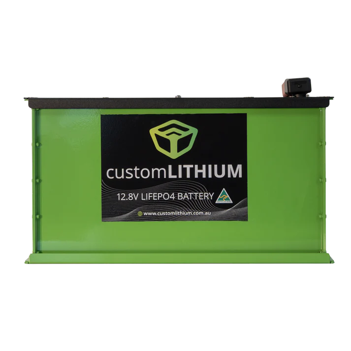 Green lithium battery with custom LITHIUM branding on a white background