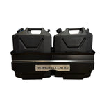 Two black fuel cans in a black Thorburns Dual Jerry Can Holder Accessory