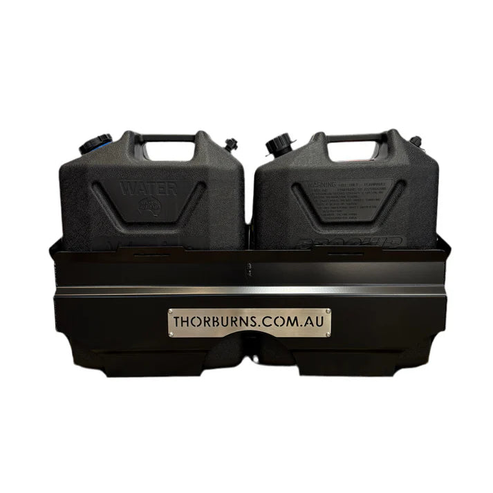 Two black fuel cans in a black Thorburns Dual Jerry Can Holder Accessory