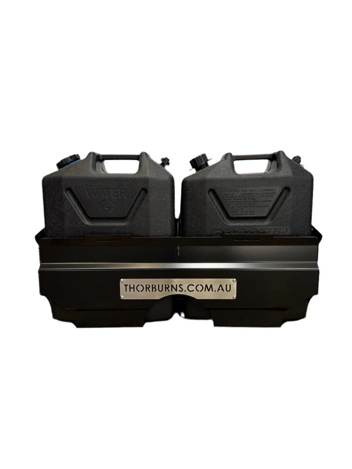 Two black fuel cans in a black Thorburns Dual Jerry Can Holder Accessory