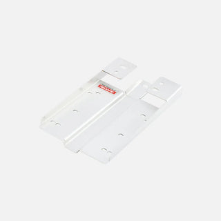 Two white Redarc mounting brackets shown together, a long flat plate with fixing holes along its length beside a matching plate with a raised mounting eye at one end