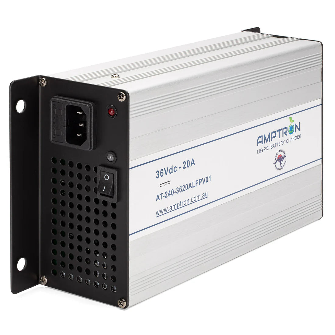Amptron AT-240-3620ALFPV01 LiFePO4 battery charger, an aluminium case with a black mounting flange, IEC mains inlet, power switch and vented end panel, labelled 36Vdc 20A with the Australian designed and owned mark
