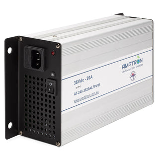 Amptron AT-240-3620ALFPV01 LiFePO4 battery charger, an aluminium case with a black mounting flange, IEC mains inlet, power switch and vented end panel, labelled 36Vdc 20A with the Australian designed and owned mark