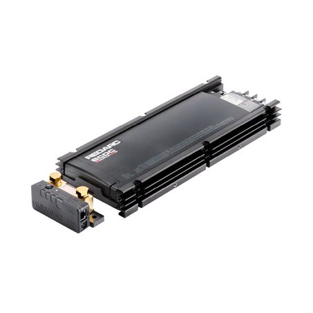 The Alpha100 R from the opposite corner, showing the depth of the extruded heatsink fins and the row of connectors along the far edge, with the sense module in the foreground