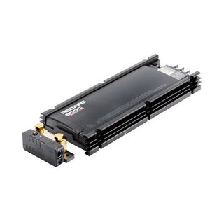 The Alpha100 R from the opposite corner, showing the depth of the extruded heatsink fins and the row of connectors along the far edge, with the sense module in the foreground