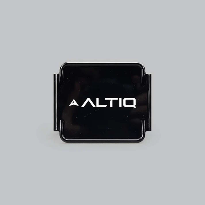 Black DX4 blackout cover square on, the gloss face carrying the ALTIQ name and arrow with the retaining skirts visible at each side