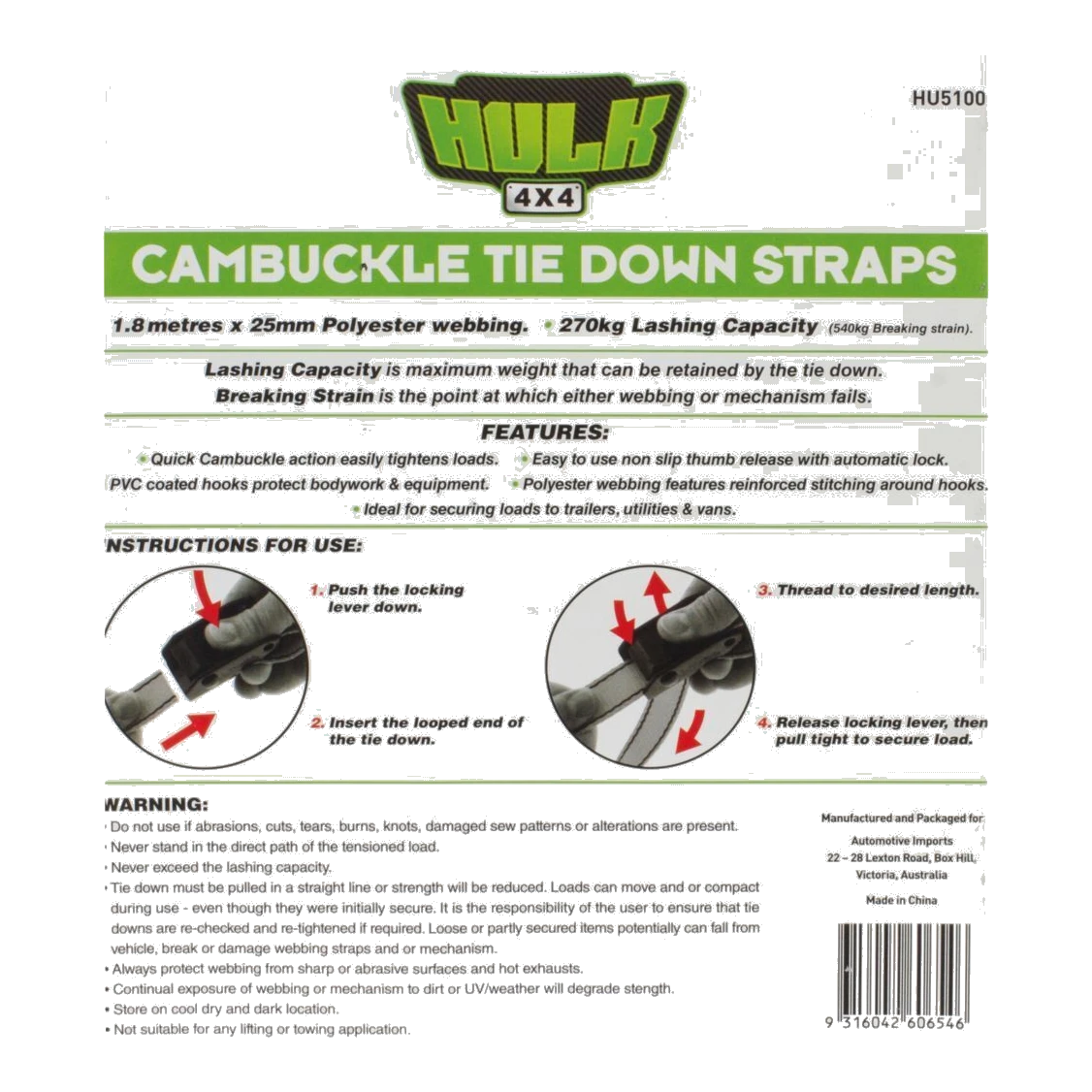 Cambuckle Tiedown 1.8m x 25mm 270kg (2pk) – view 3