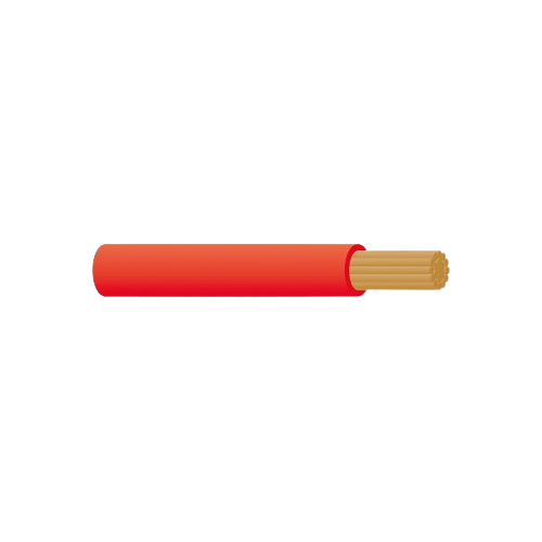 Short length of 00 B&S single core battery cable with red sheath, the end stripped back to show the fine tinned copper strands