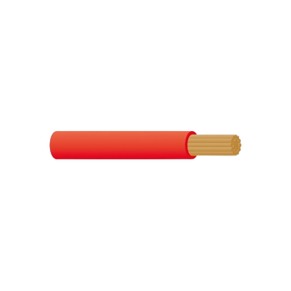 Short length of 00 B&S single core battery cable with red sheath, the end stripped back to show the fine tinned copper strands