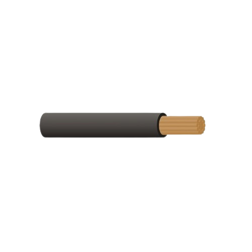 Short length of 00 B&S single core battery cable with black sheath, the end stripped back to show the fine tinned copper strands