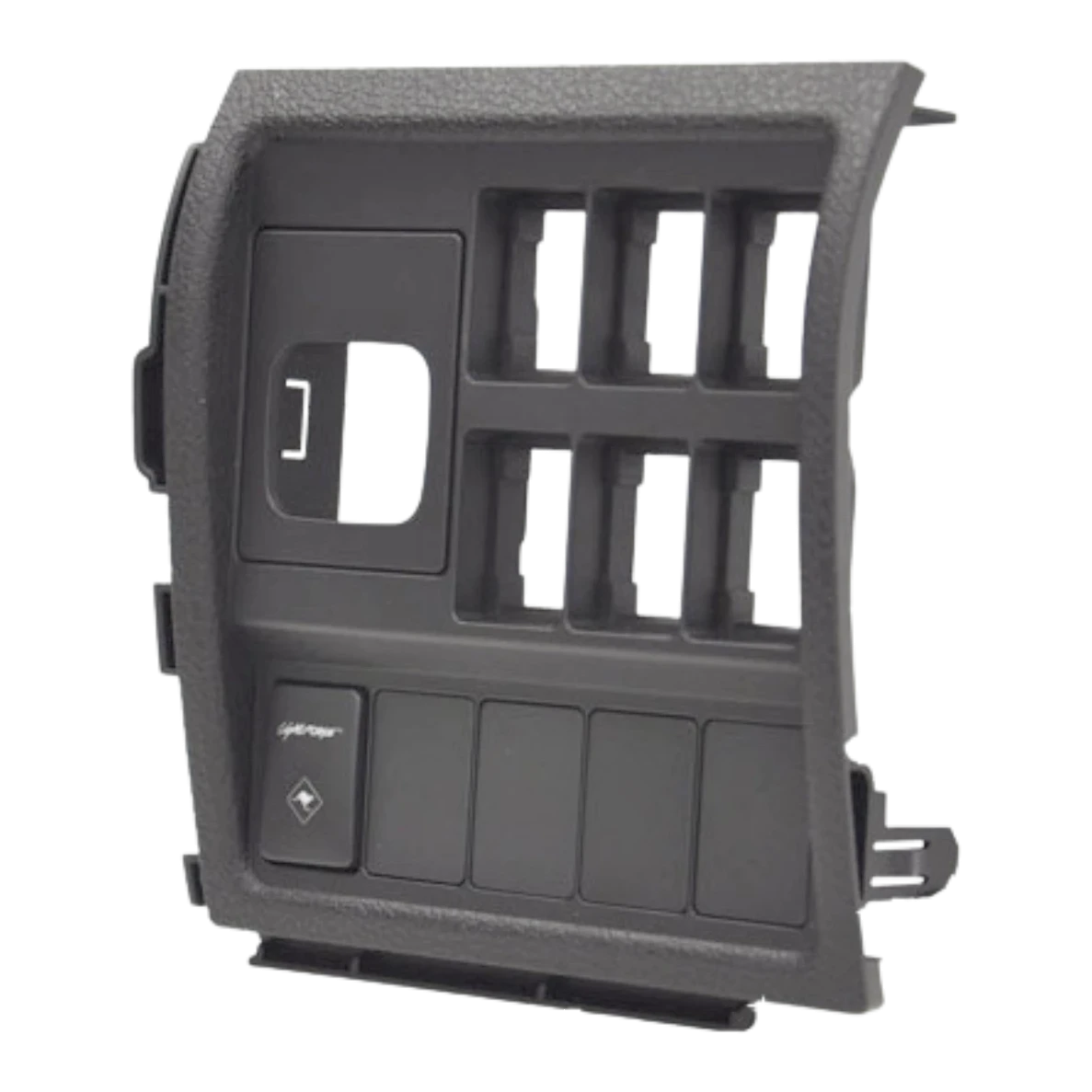 Lightforce switch fascia panel for Toyota LandCruiser 200 Series — matte black direct-replacement dash panel with 10 switch positions