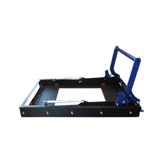 MSA drop slide with no fridge fitted, seen side on with the tray dropped and the blue handle raised, showing the twin gas struts, the slide rails and the mounting frame