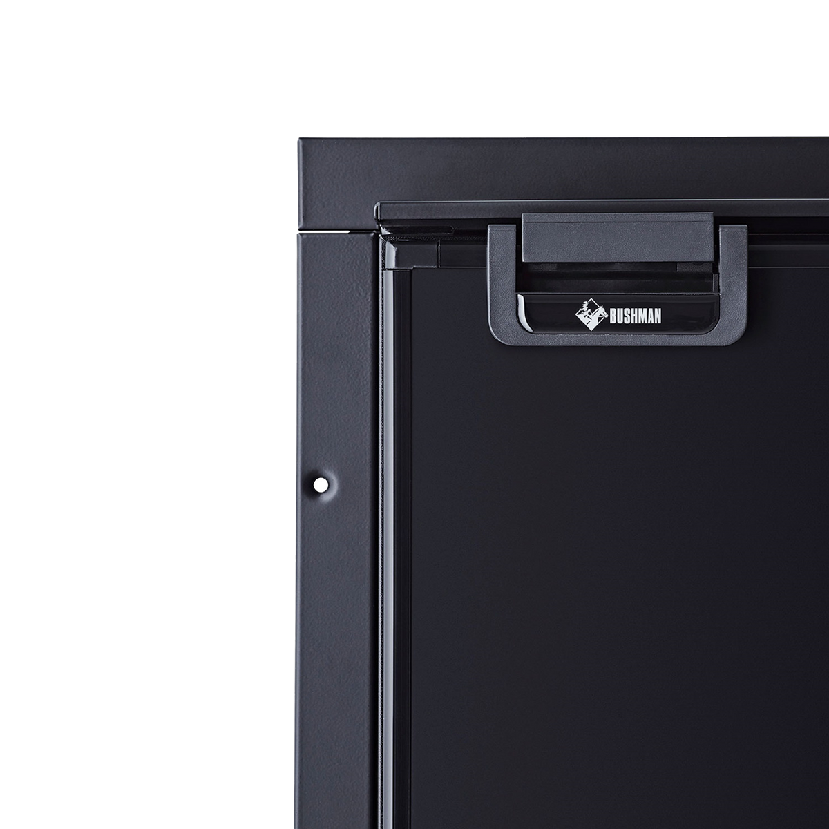 Close up of the Bushman DC130-X top corner showing the recessed door handle with Bushman badge, the door seal and the mounting flange