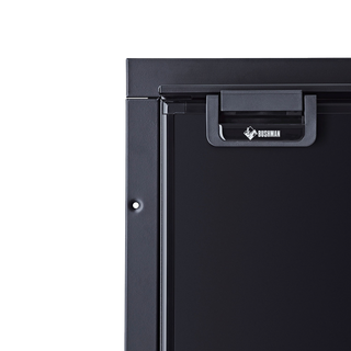 Close up of the Bushman DC130-X top corner showing the recessed door handle with Bushman badge, the door seal and the mounting flange