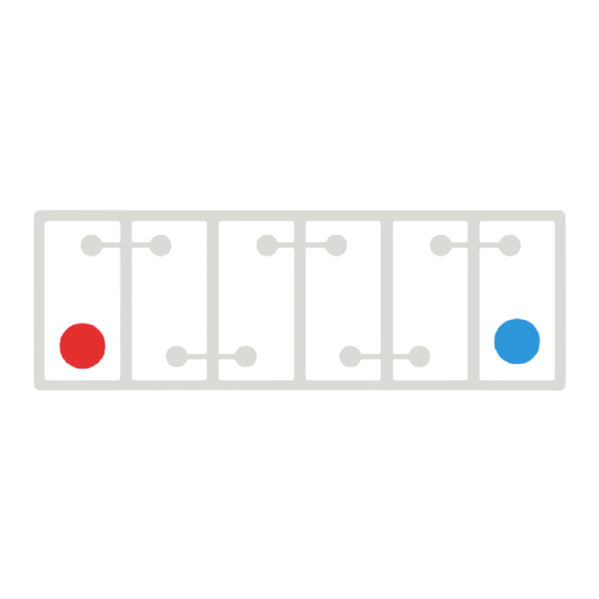 Polarity diagram of a six-cell 12 volt battery seen from above, positive terminal (red) at the left and negative (blue) at the right, 12 Volt D polarity – Century battery