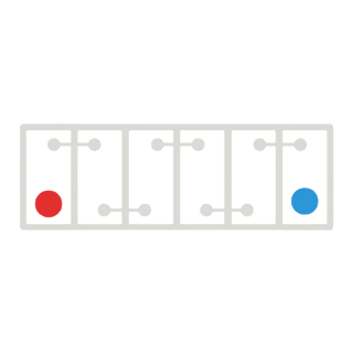 Polarity diagram of a six-cell 12 volt battery seen from above, positive terminal (red) at the left and negative (blue) at the right, 12 Volt D polarity – Century battery