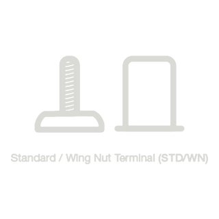 Line drawing of a threaded battery post beside a wing nut, labelled Standard / Wing Nut Terminal (STD/WN) – Century battery