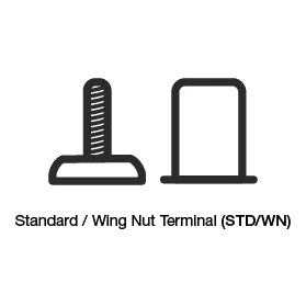 Line drawing of a threaded battery post beside a wing nut, labelled Standard / Wing Nut Terminal (STD/WN) – Century battery