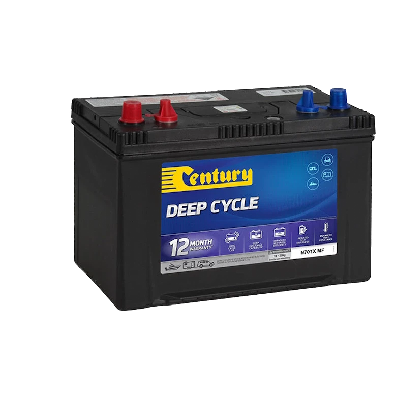 Century NS70TX MF 12V 82Ah maintenance-free flooded deep cycle battery with standard and wing-nut multi-terminal posts and carry handles in a black polypropylene case