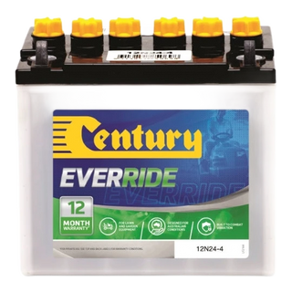 Century EverRide 12N24-4 maintainable 12V ride-on mower battery, 240 CCA, 24Ah, black case with lug terminals in D-polarity layout