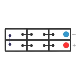 Polarity diagram of a 12 volt battery with terminals along one long side, negative at the top right and positive below it, labelled 12 Volt – E Polarity – Century Heavy Duty battery