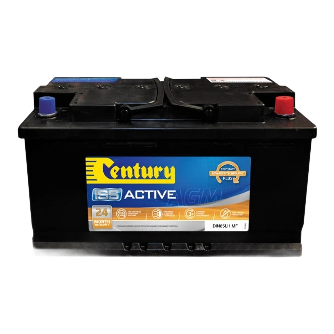 Century DIN85LH AGM stop-start battery, three-quarter view showing carry handles and standard tapered terminals