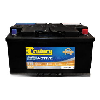 Century DIN85LH AGM stop-start battery, three-quarter view showing carry handles and standard tapered terminals