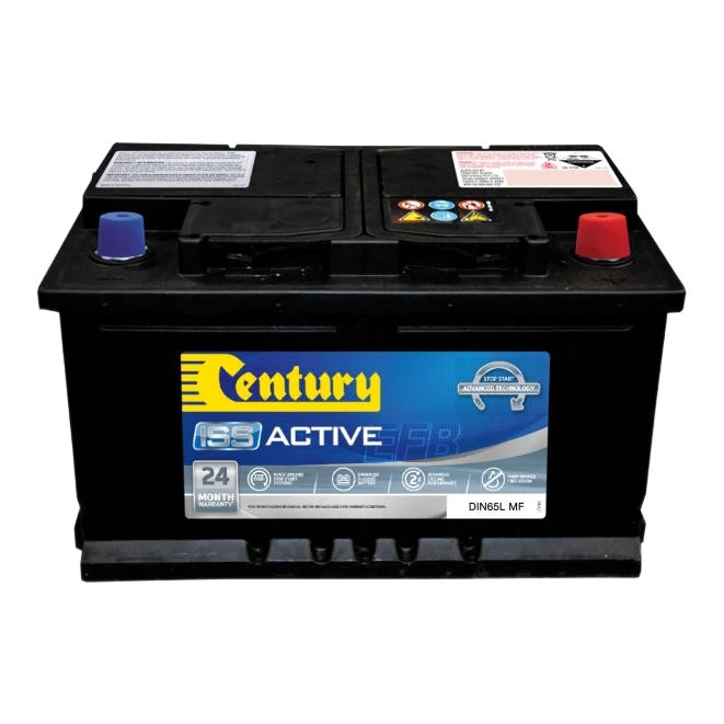 Century DIN65L EFB stop-start battery, three-quarter view showing carry handles and standard tapered terminals